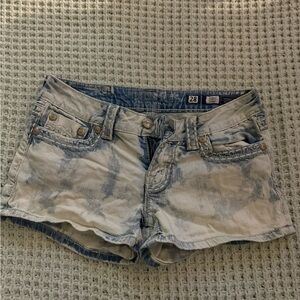 Miss Me Blue Jean Shorts with Distressed Detailing